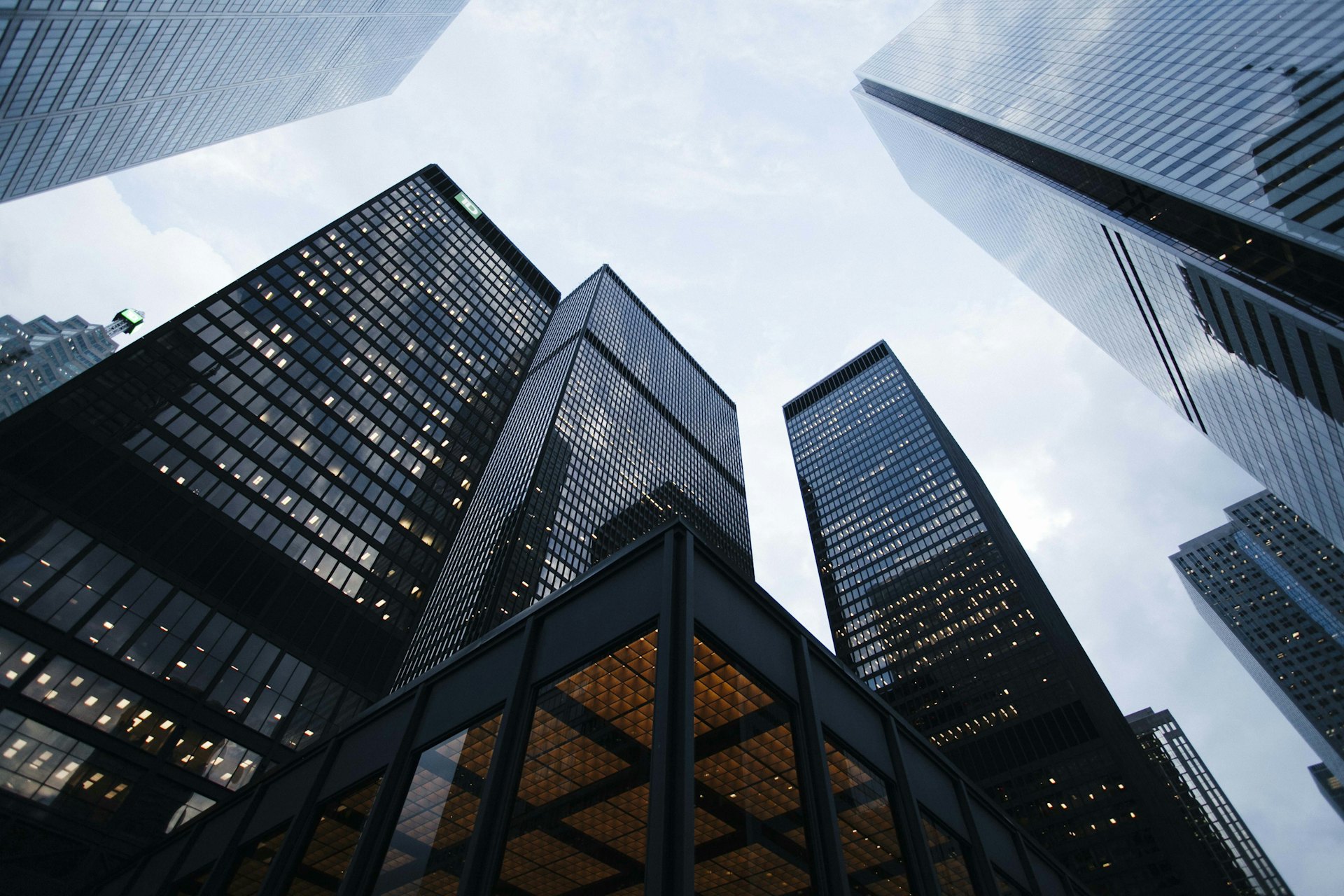 Glass skyscrapers viewed looking upward